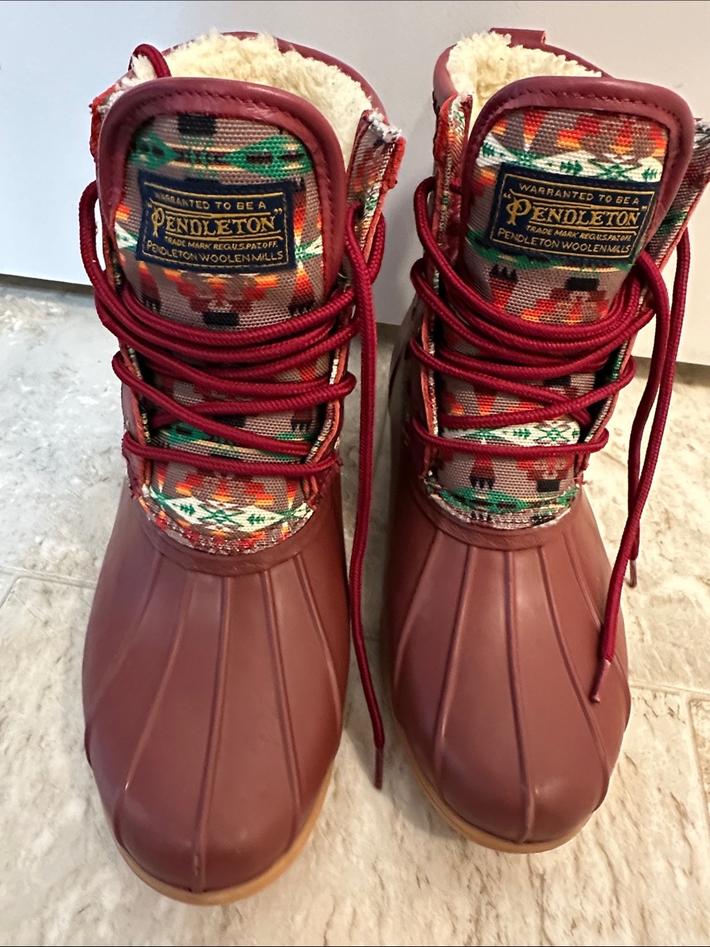 Pendleton Burgundy Patterned Wool-Trim Duck Boots